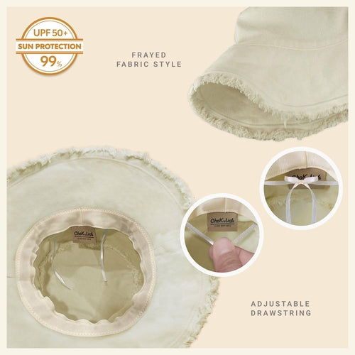 Wide Brim Frayed Bucket Hat for Summer – Lightweight Cotton Sun Hat